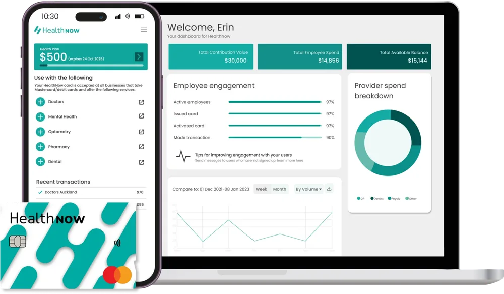 Original HealthNow product artwork showing the app, dashboard and payment card.