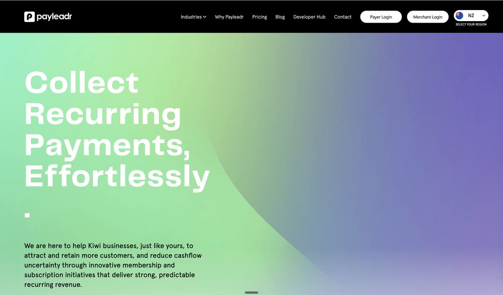 Payleadr before aglow: the homepage, leading with recurring payments.