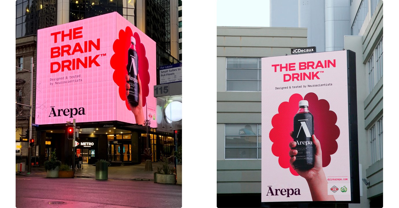 Ārepa: The Brain Drink on a corner site in Auckland and on a JCDecaux street panel.