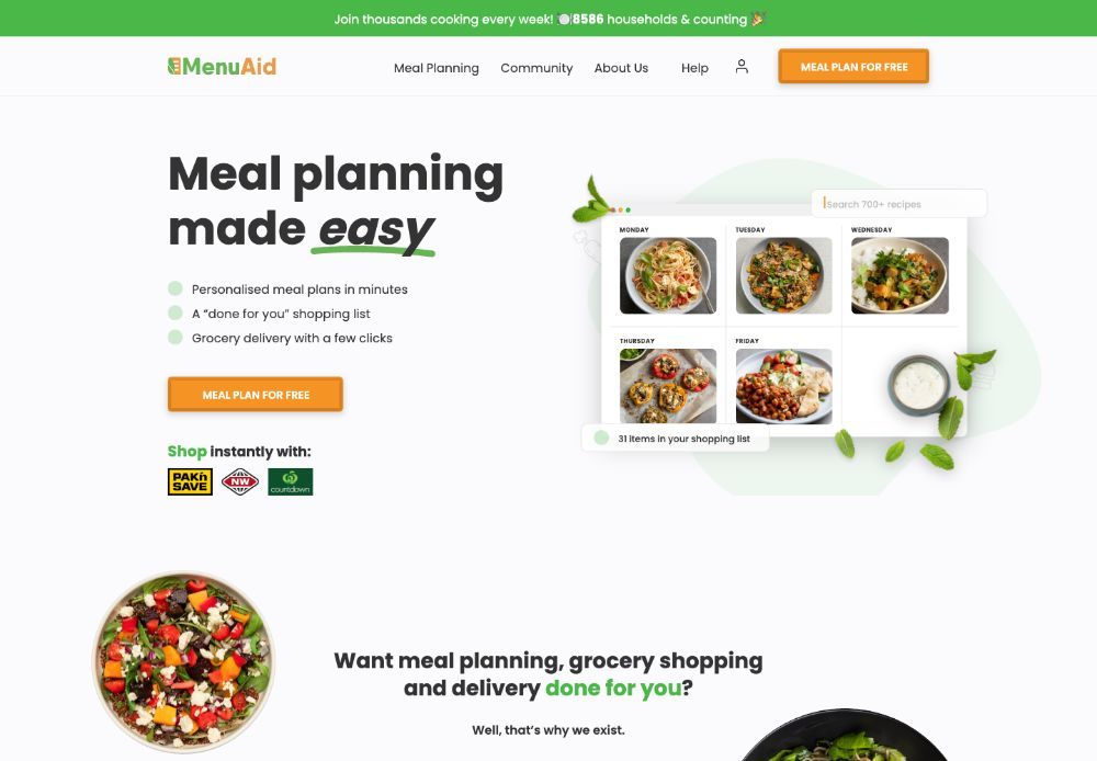 MenuAid before Appetise: a stripped back, utilitarian homepage.